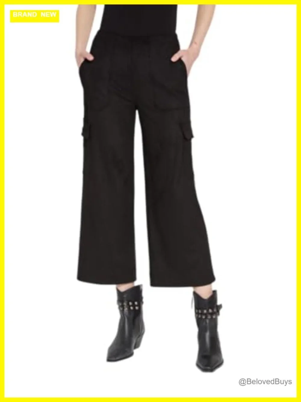 High Waisted Cargo Pants for Women – Wide Leg Cropped Vegan Suede Pockets